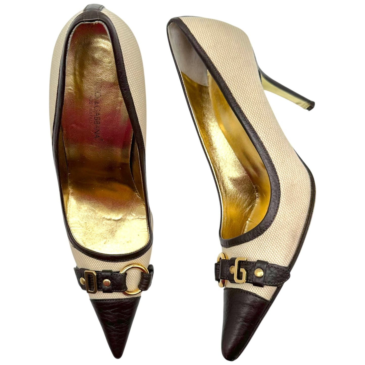 Dolce & Gabbana Ivory & Brown Canvas & Leather Gold Logo Charm Heels