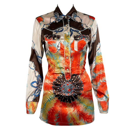 Roberto Cavalli S/S 2004 Multicolor Feather Print Silk Micro Mini Shirt Dress