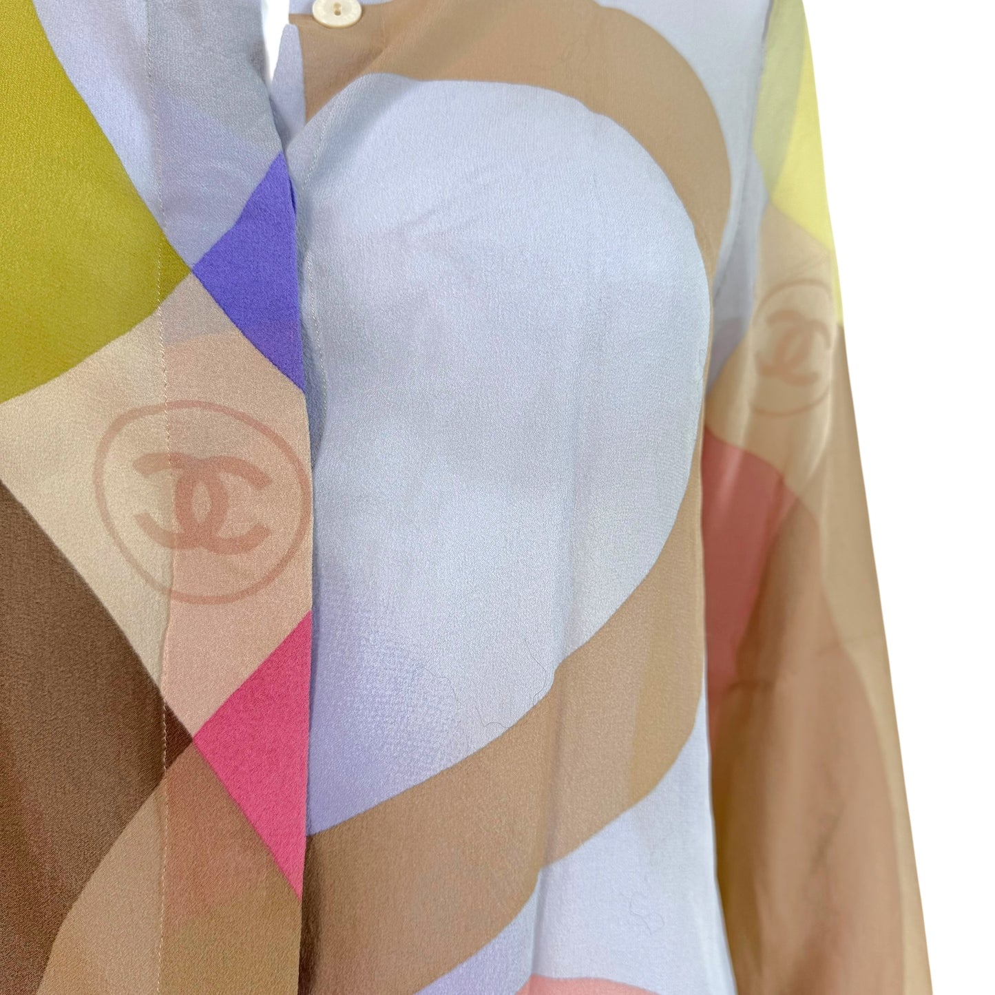Chanel Cruise 2001 Pastel Multicolor Silk Logo Blouse