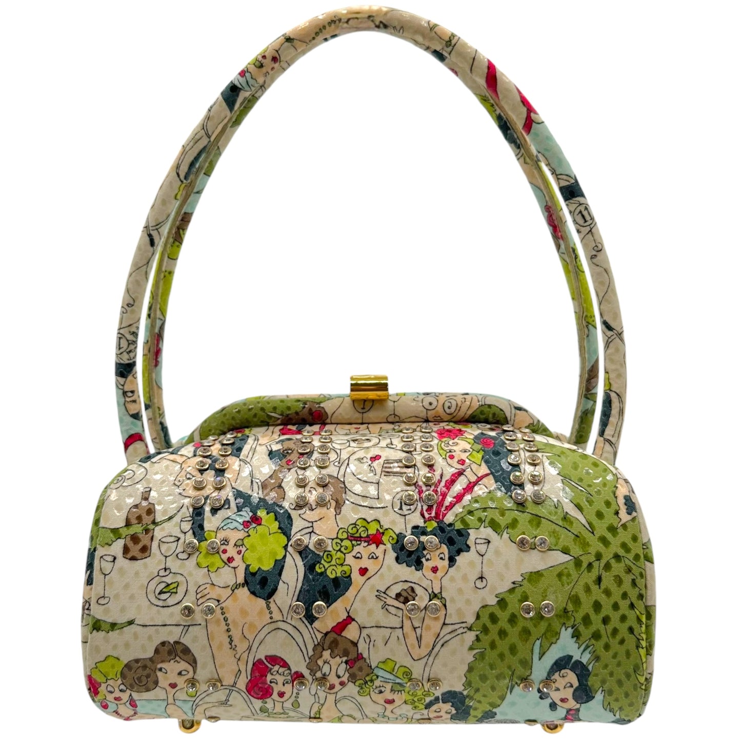John Galliano Printed Crystal Embellished Top Handle Bag