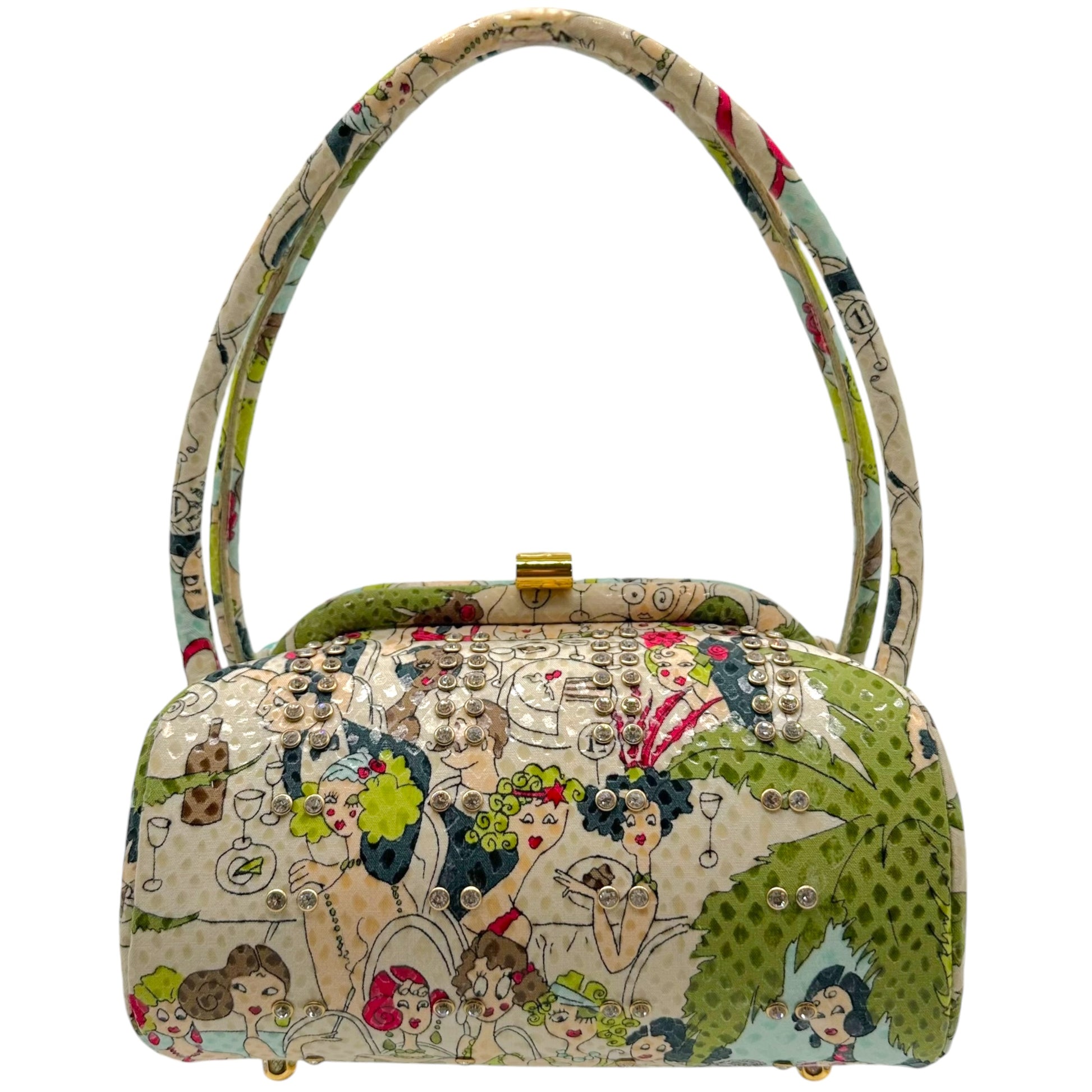John Galliano Printed Crystal Embellished Top Handle Bag