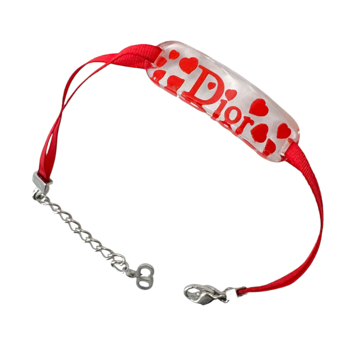 Dior Clear Lucite Heart Logo Bracelet Red Strap