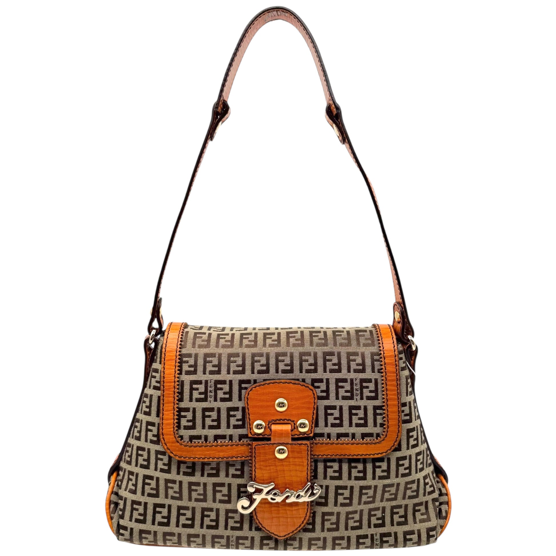 Fendi Shoulder Bag Beige Zucchino Monogram Orange Leather