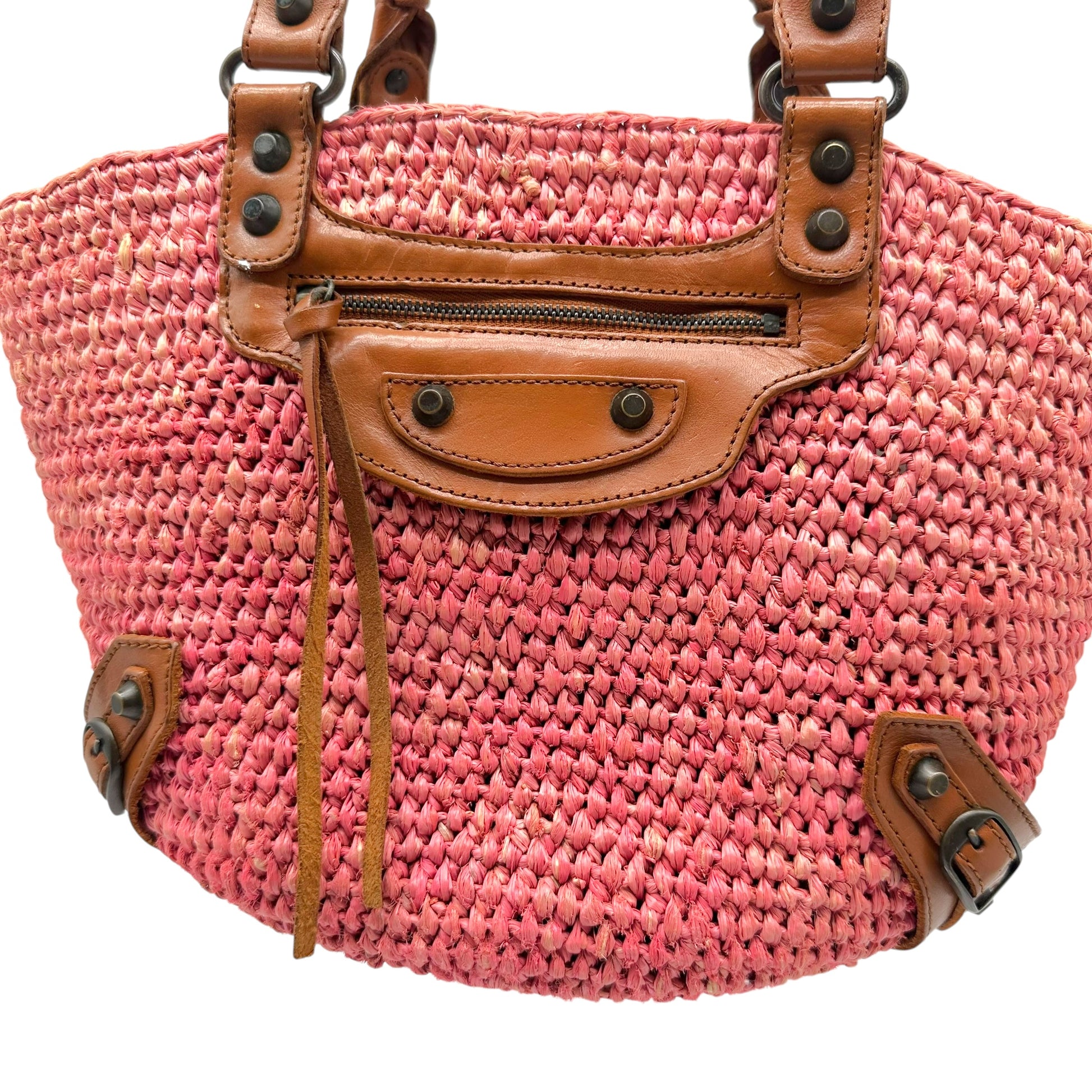 Balenciaga Small City Beach Bag Coral Pink Raffia Leather