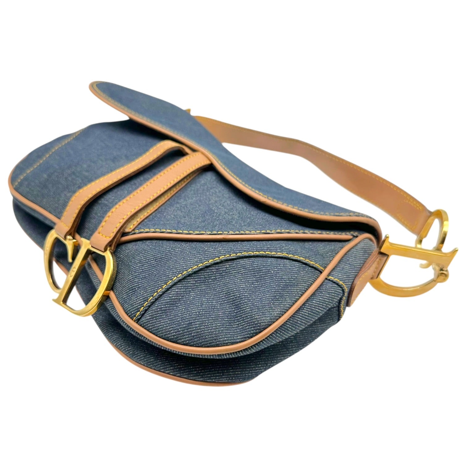 Christian Dior Denim Tan Leather Double Saddle Bag