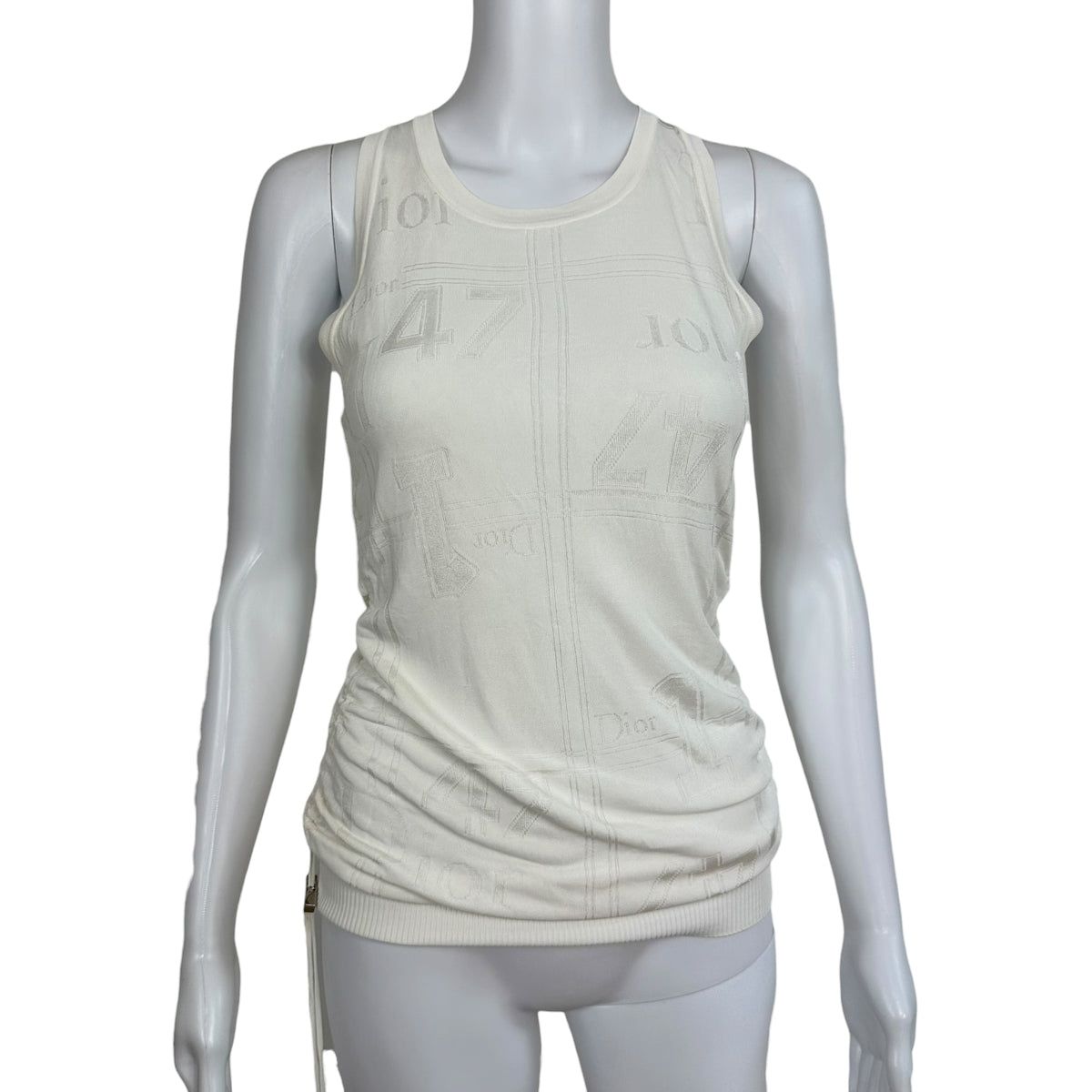 Christian Dior S/S 2004 White Logo Knit Ruched Side Tank
