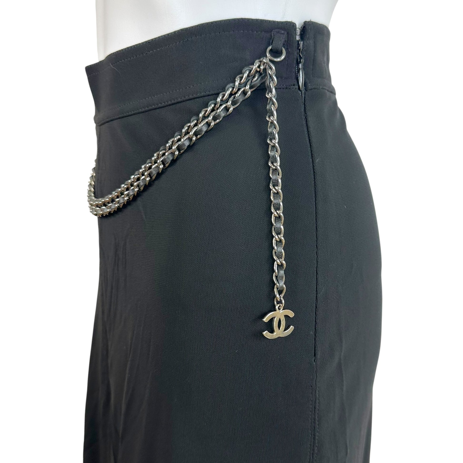 Chanel Black Waist Logo Chain Belted Midi Skirt