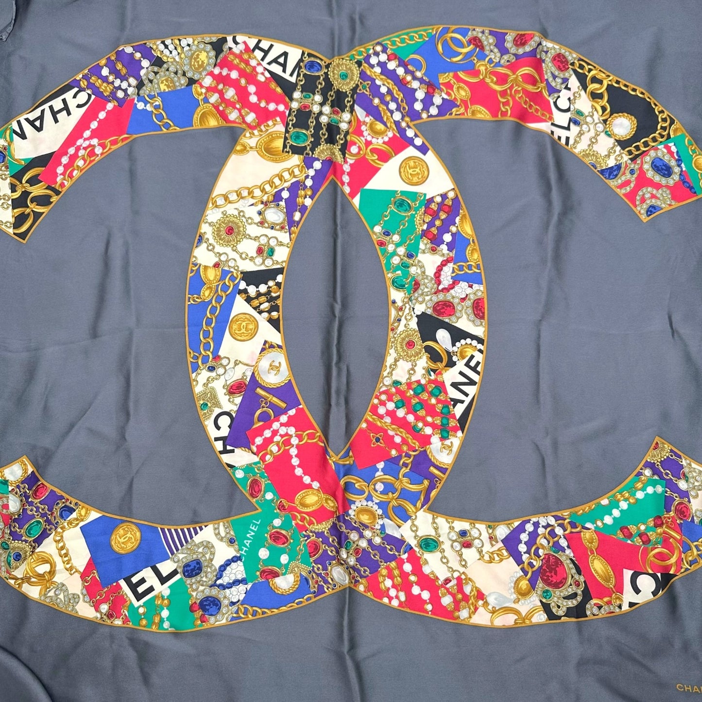 Chanel Gray & Multicolor Jewelry Print Big CC Logo Large Silk Square Scarf