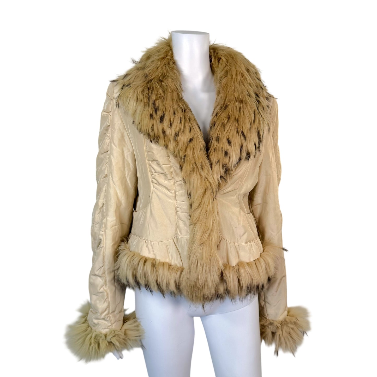 Balmain Ivory Silk Coyote Fur Coat Tailored Fit 1990s