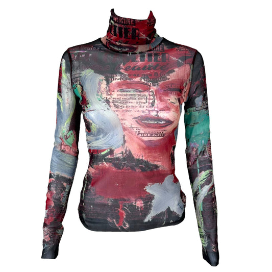 Jean Paul Gaultier Multicolor Face Print Mesh Turtleneck Top