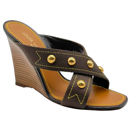 Louis Vuitton Gold Studded Cross Front Wooden Mule Heels - Outfit Repeater