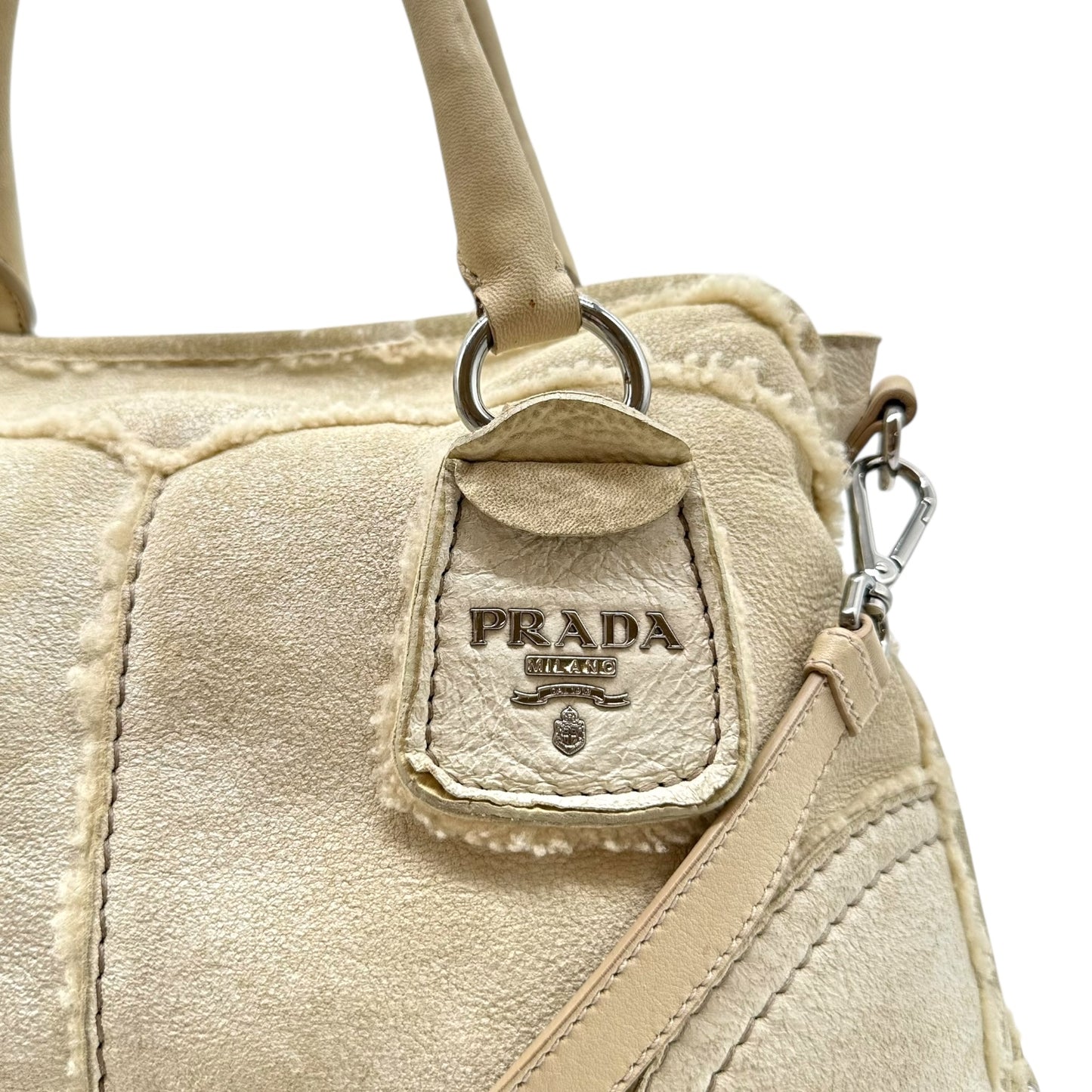 Prada Off White Studded Shearling 2-Way Bag