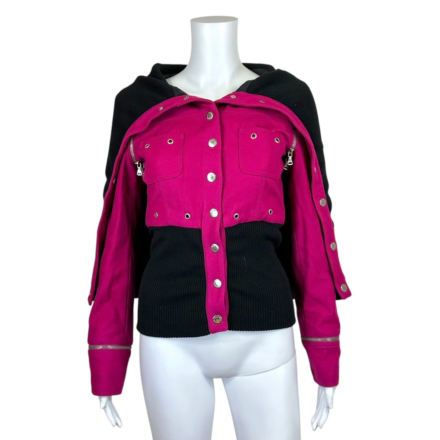 D&G Dolce & Gabbana Bright Pink & Black Oversized Collar Wool Bomber Jacket