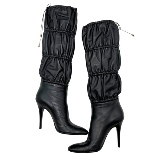 Roberto Cavalli Black Leather Gathered Leather Knee High Heeled Boots