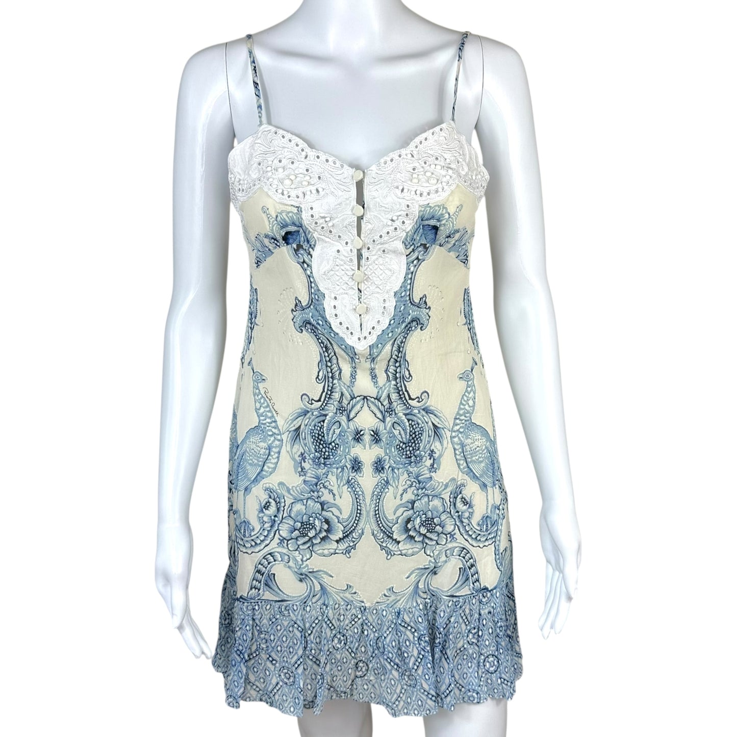 Roberto Cavalli Blue & White Paisley Silk Mini Dress