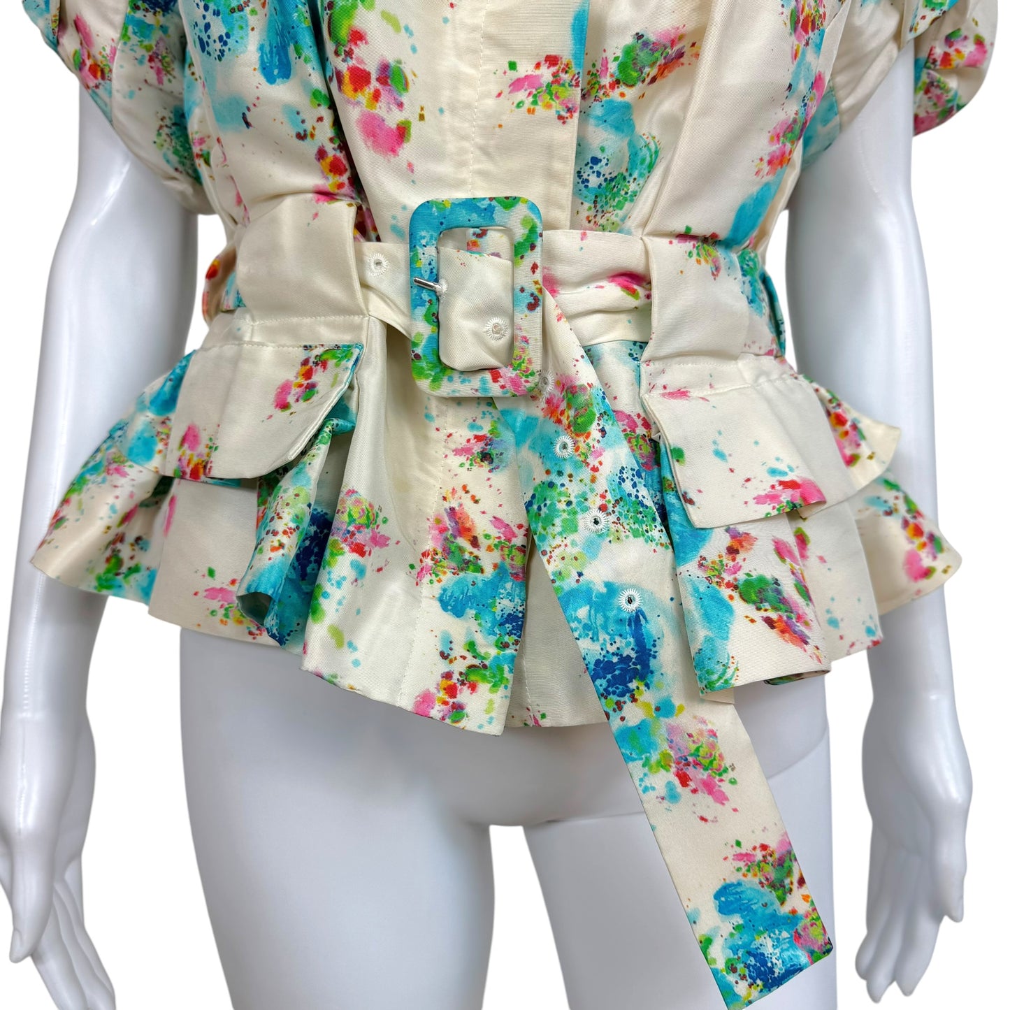John Galliano Silk Jacket White Turquoise Multi Spot Print