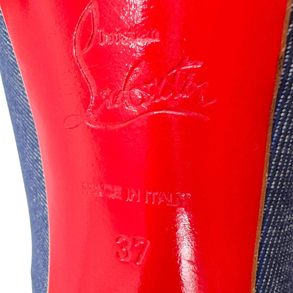 Christian Louboutin Denim & White Leather Peep Toe Platform Pumps