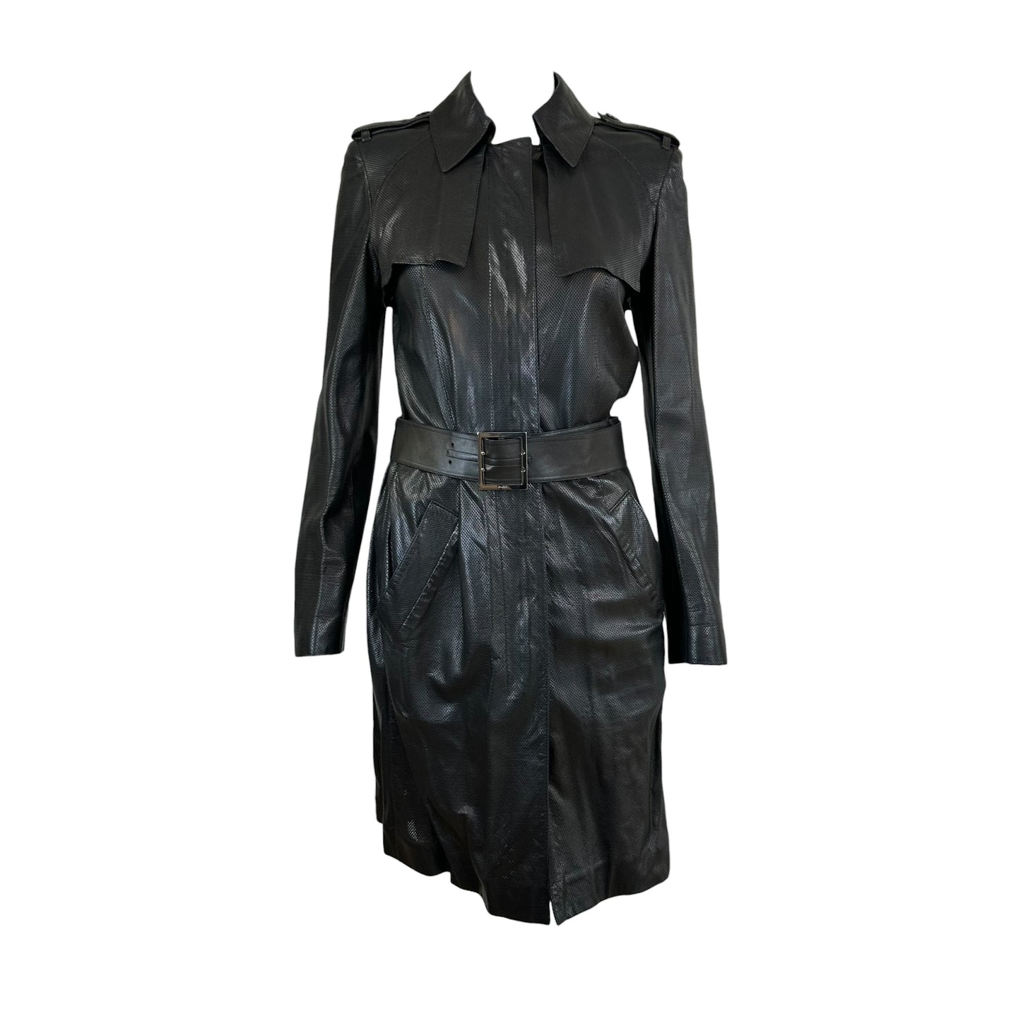 Gucci Black Perforated Leather Trench Coat