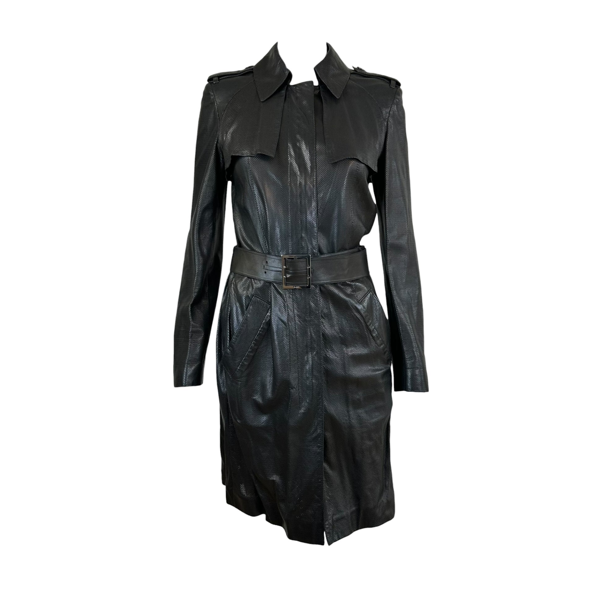 Gucci Black Perforated Leather Trench Coat