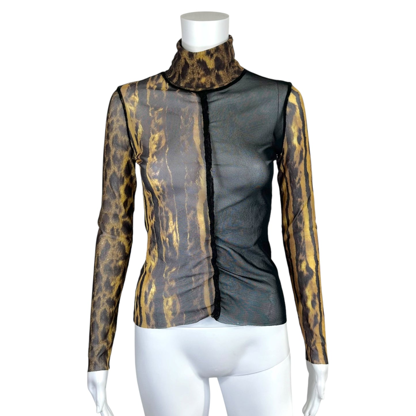 Jean Paul Gaultier Leopard Print Mesh Turtleneck Top