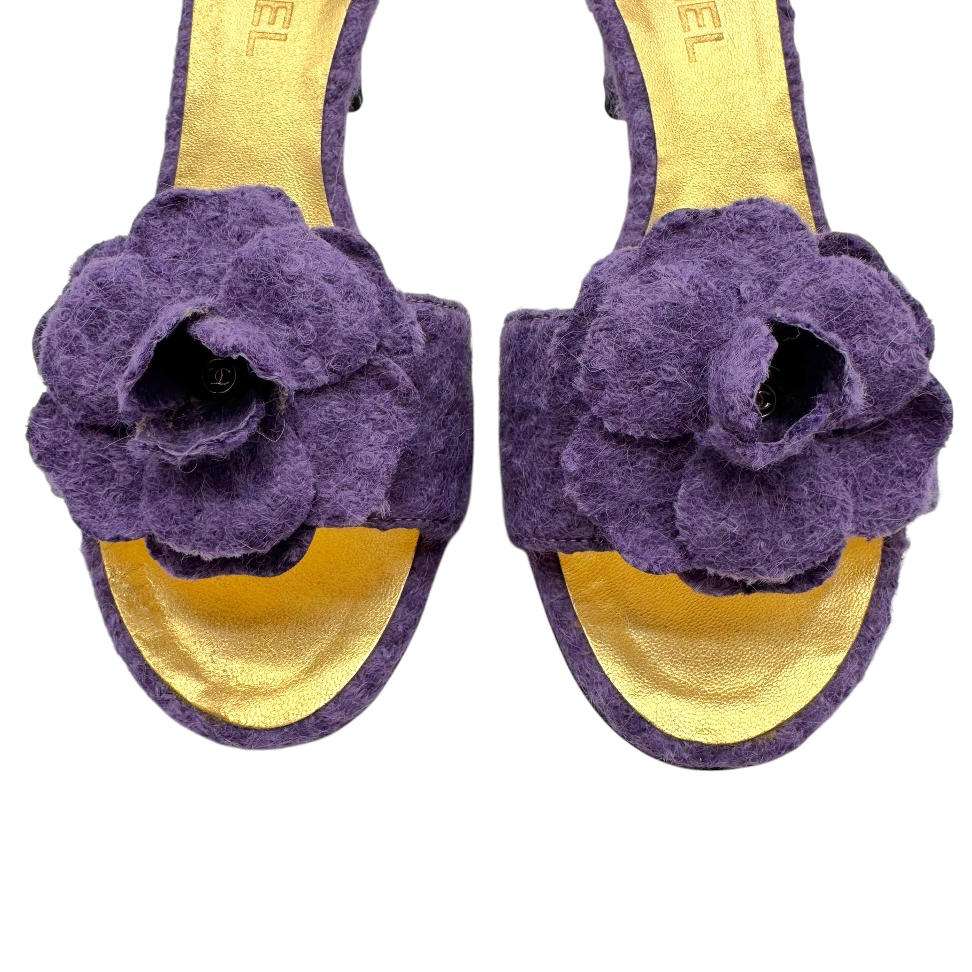 Chanel Purple Knit Mule Heels with Camellia Flower Detail