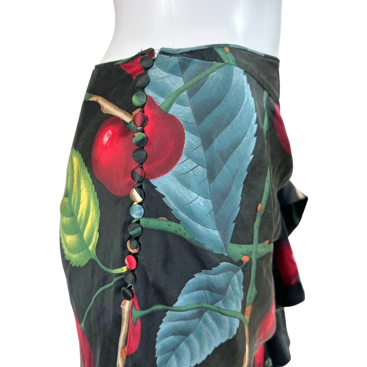 John Galliano Silk Midi Skirt Cherry Print Ruched Design