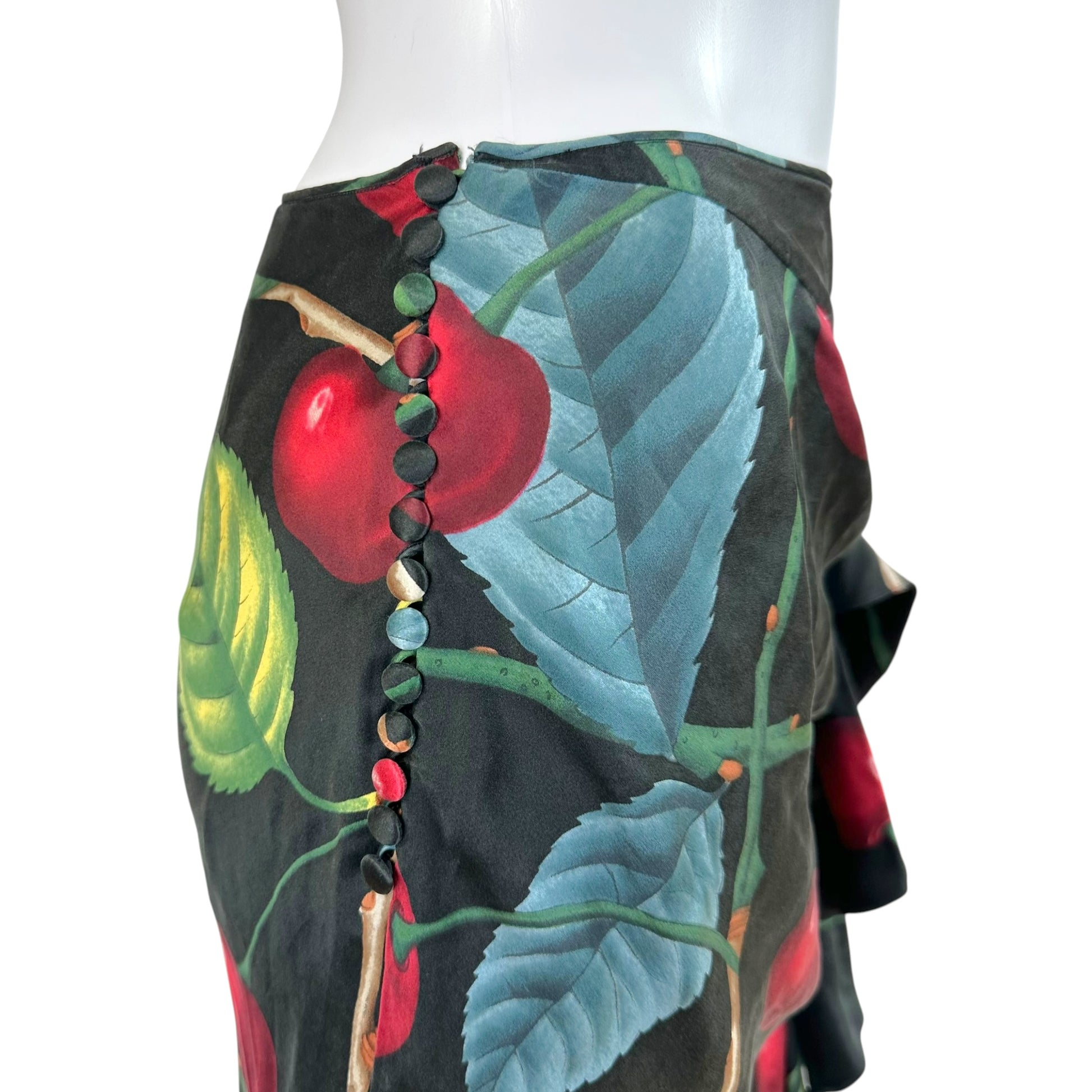 John Galliano Silk Midi Skirt Cherry Print Ruched Design