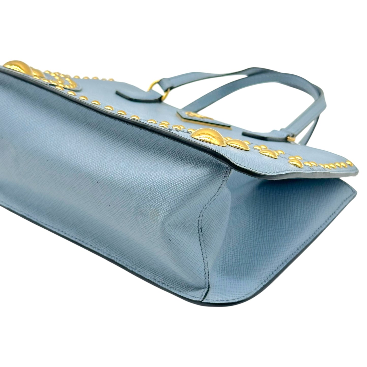 Prada Light Blue & Gold Studded Saffiano 2-Way Mini Tote Bag