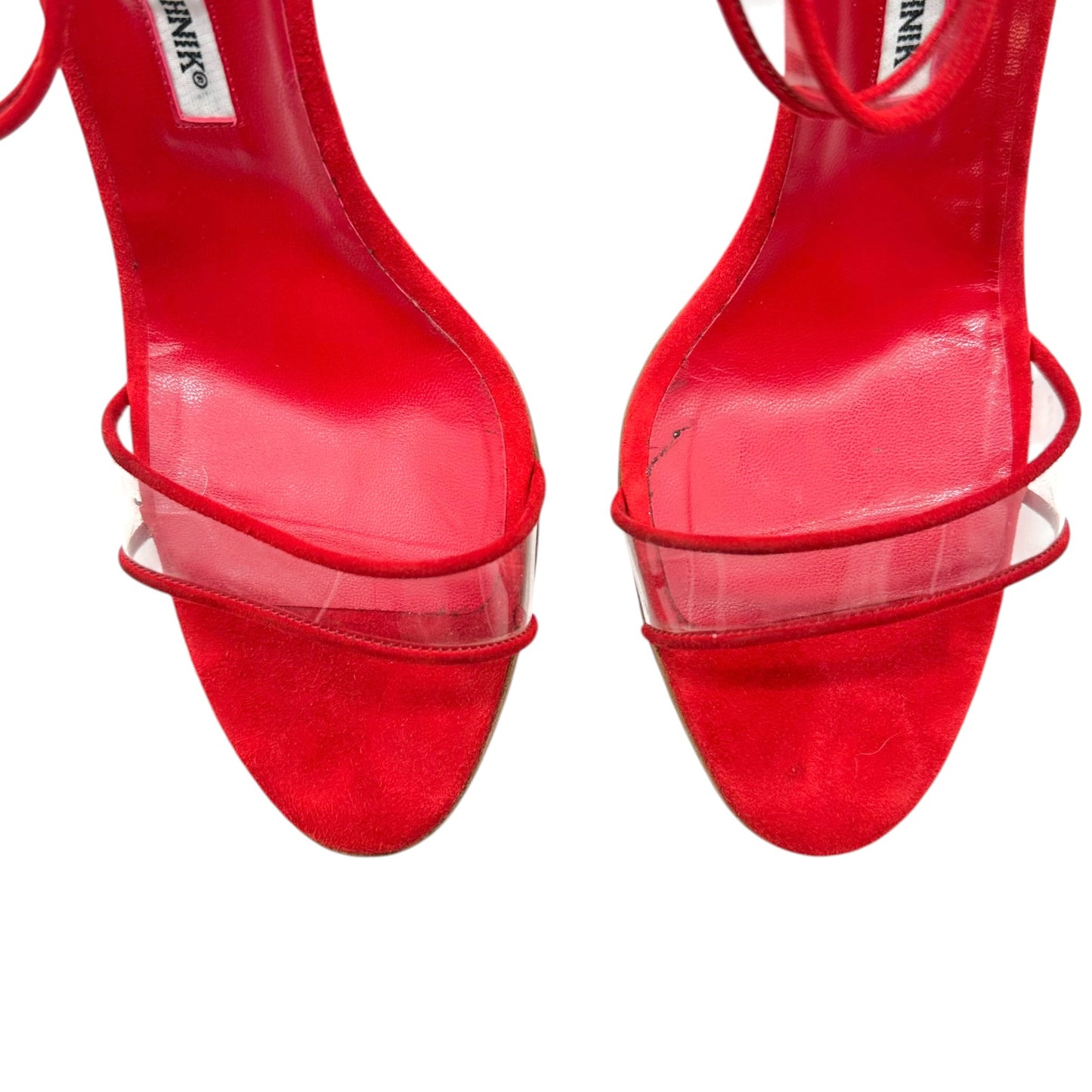 Manolo Blahnik Red Suede Clear PVC Sandal Heels