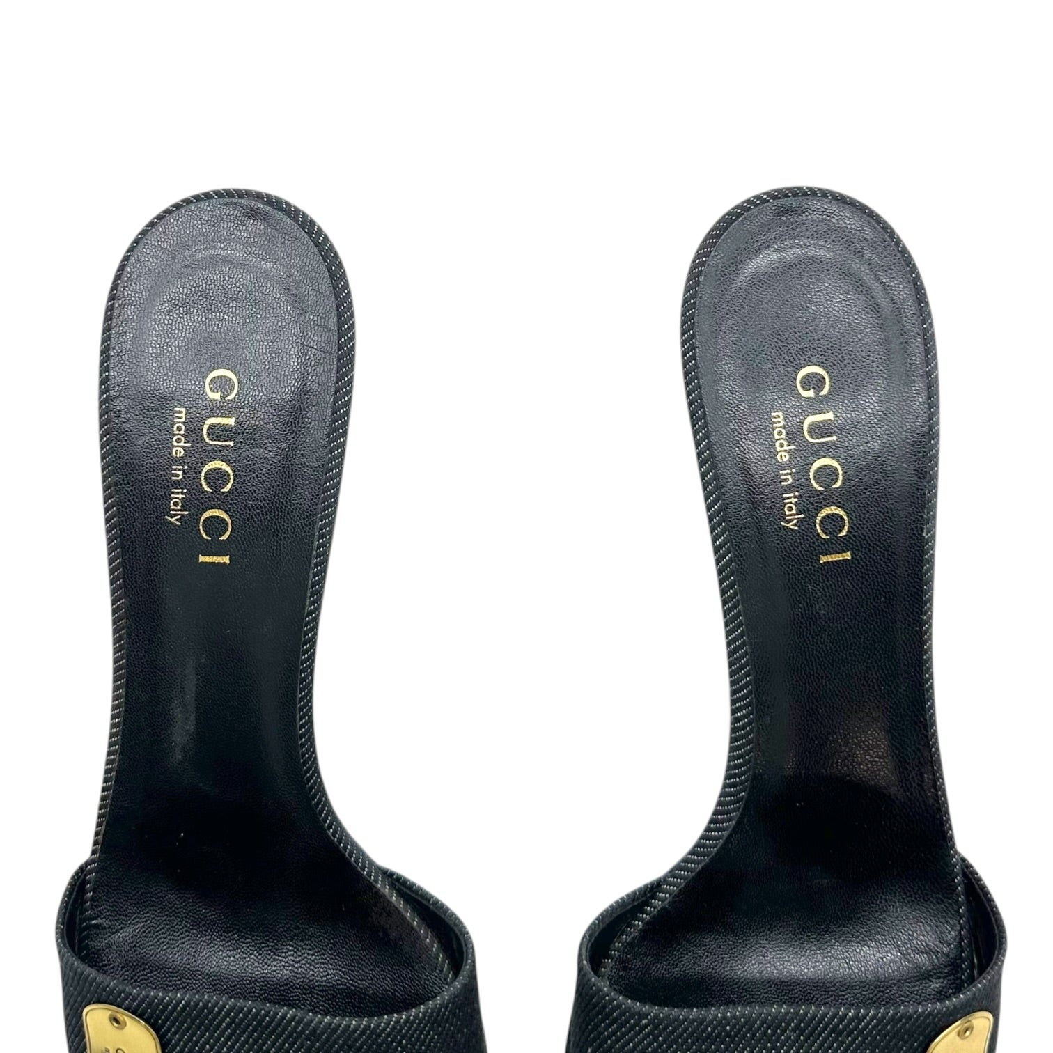 Gucci Dark Wash Denim Gold Kitten Heel Mules