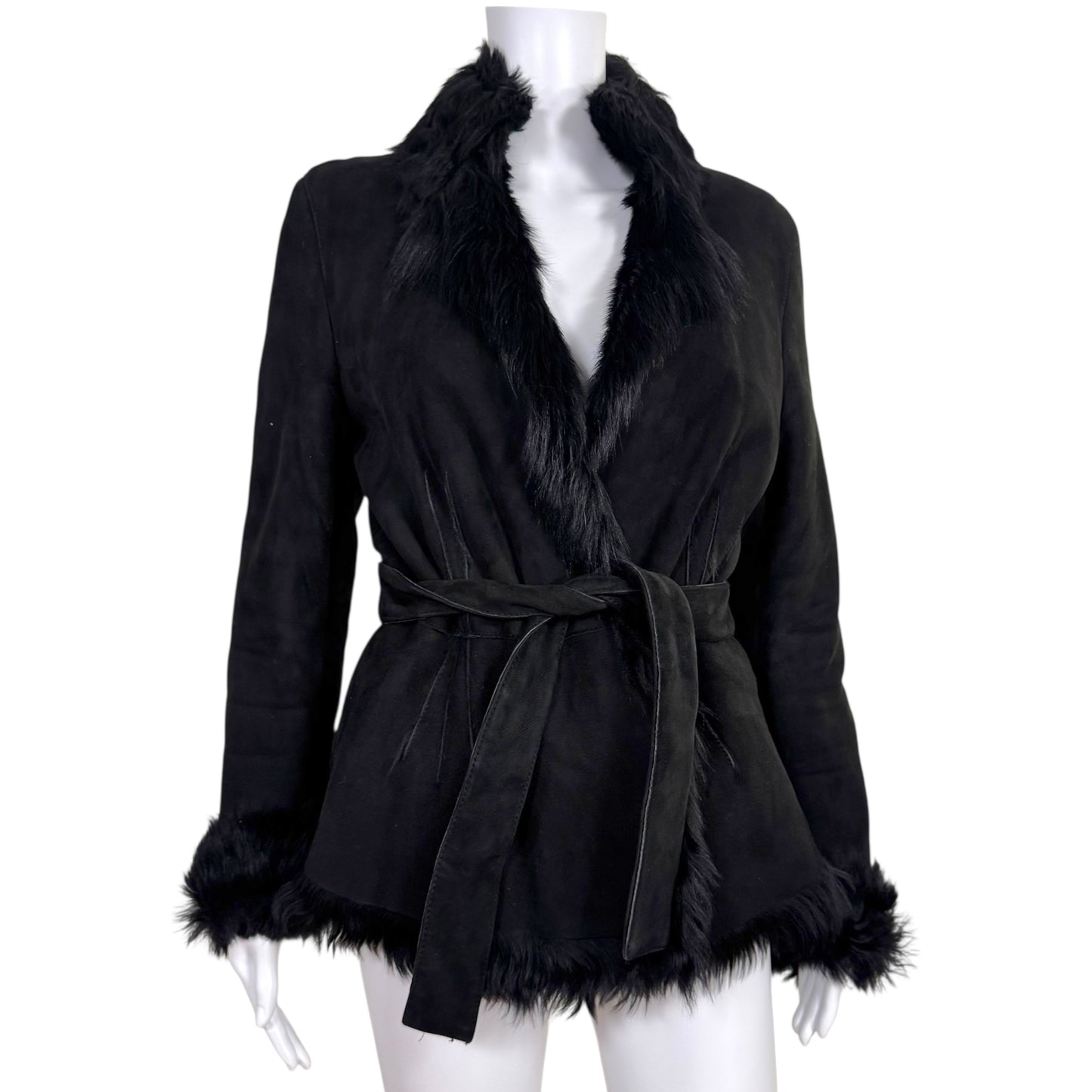 Gucci Black Shearling Fur Suede Wrap Coat