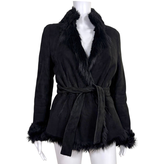 Gucci Black Shearling Fur Suede Wrap Coat