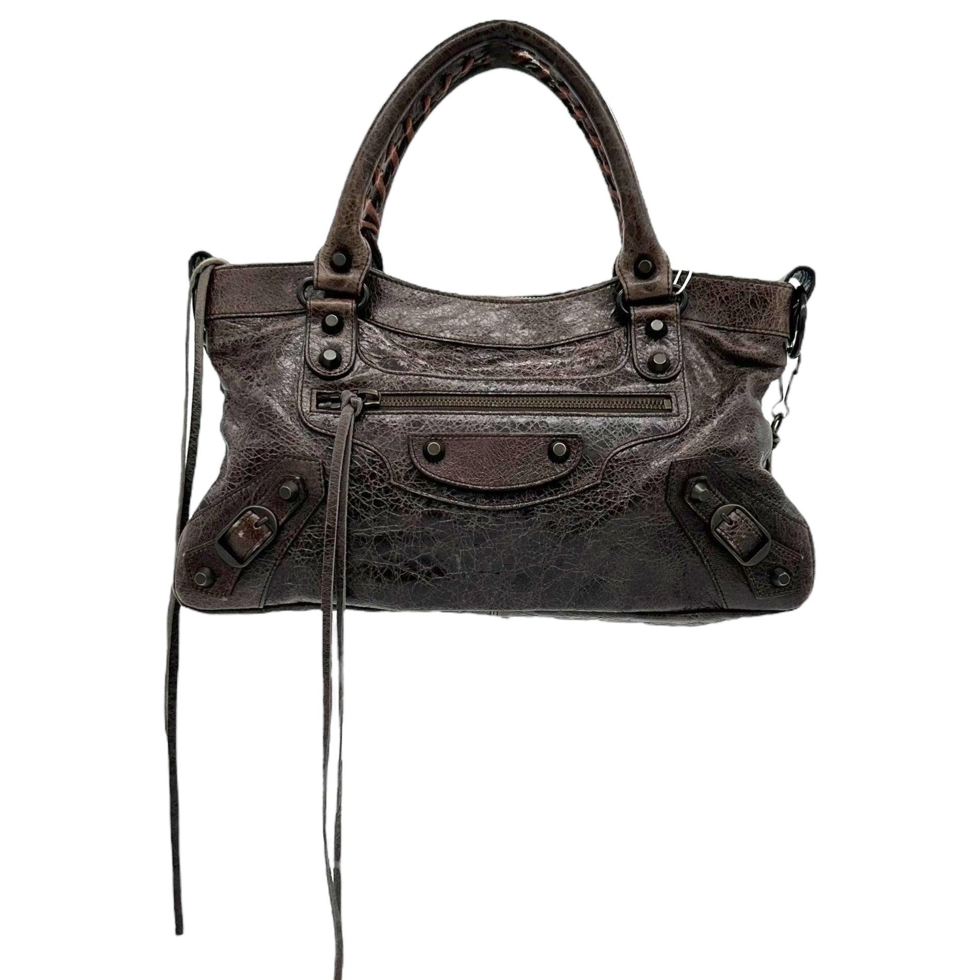 Balenciaga Small Brown Distressed Leather City Bag - Outfit Repeater