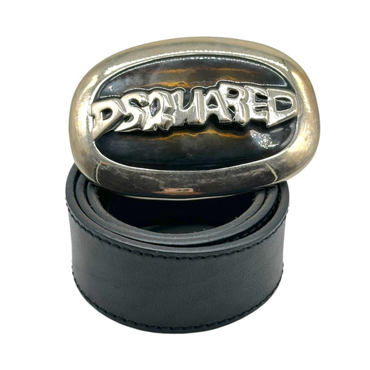 Dsquared2 Black & Silver Oversized Buckle Leather Belt - Outfit Repeater