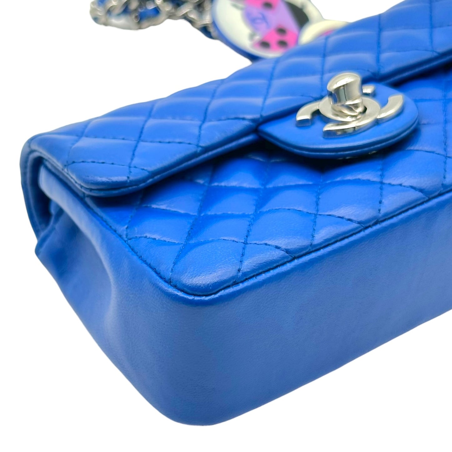 Chanel Cobalt Blue & Silver Matelasse Ladybug Charm Extra Mini Flap 2003-04