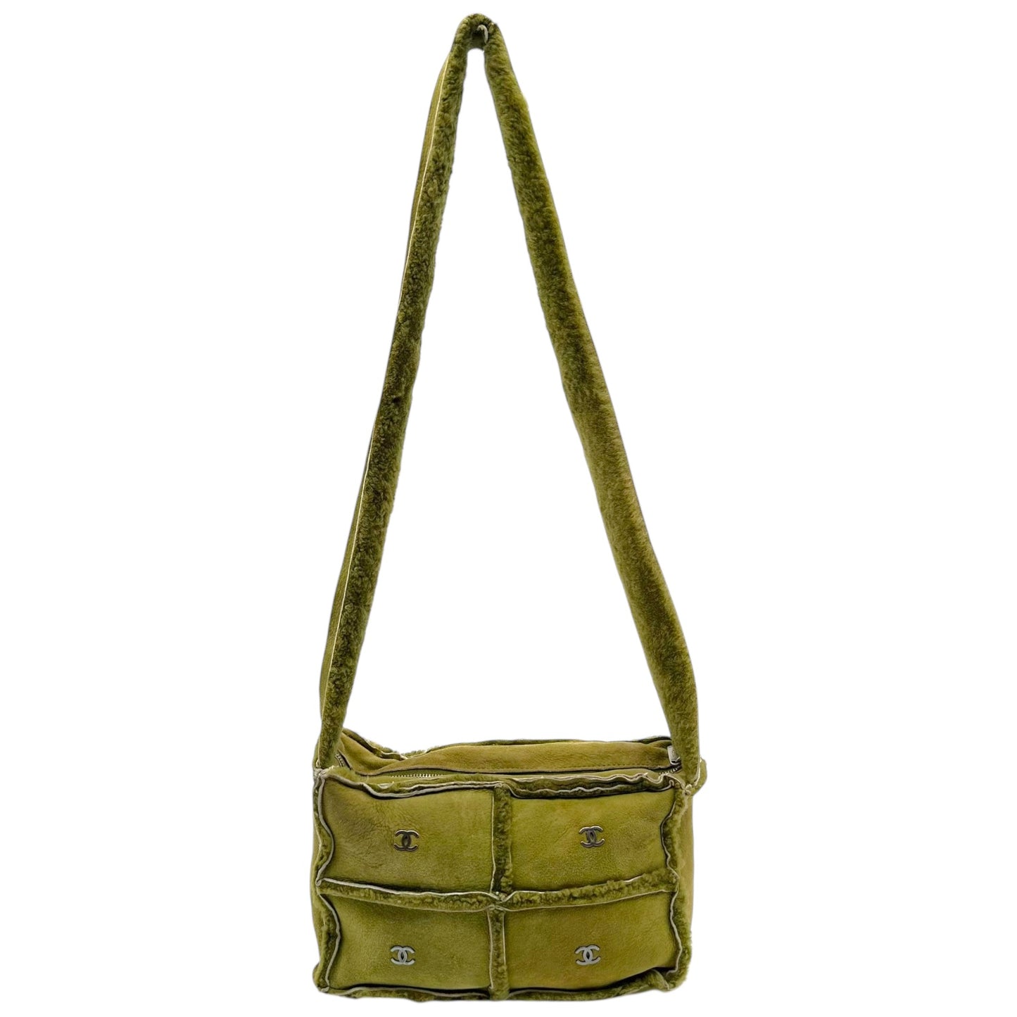 Chanel Khaki Green Shearling Logo Crossbody Bag 2000-02