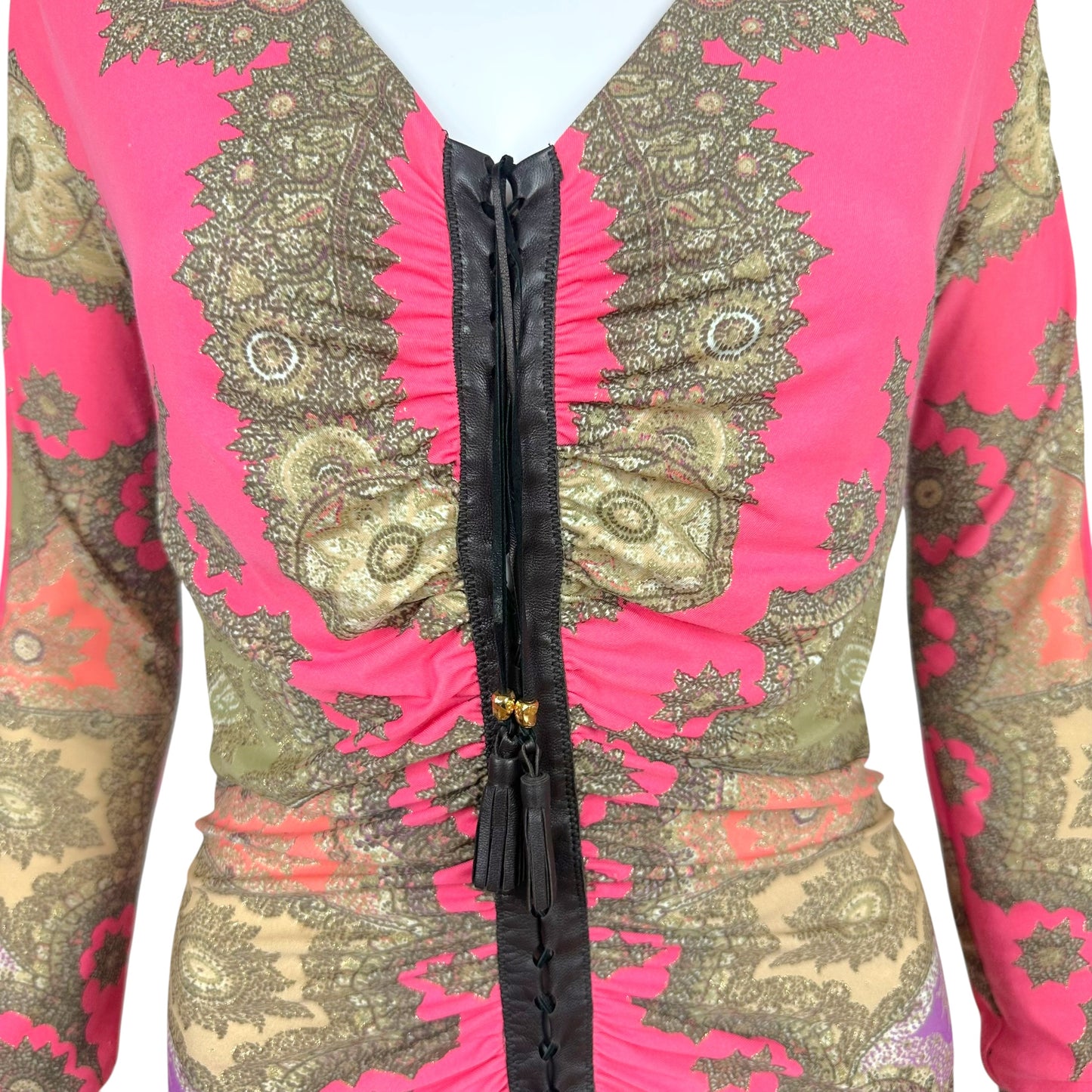 Roberto Cavalli 2004 Pink Paisley Print Silk & Leather Lace-Up Top