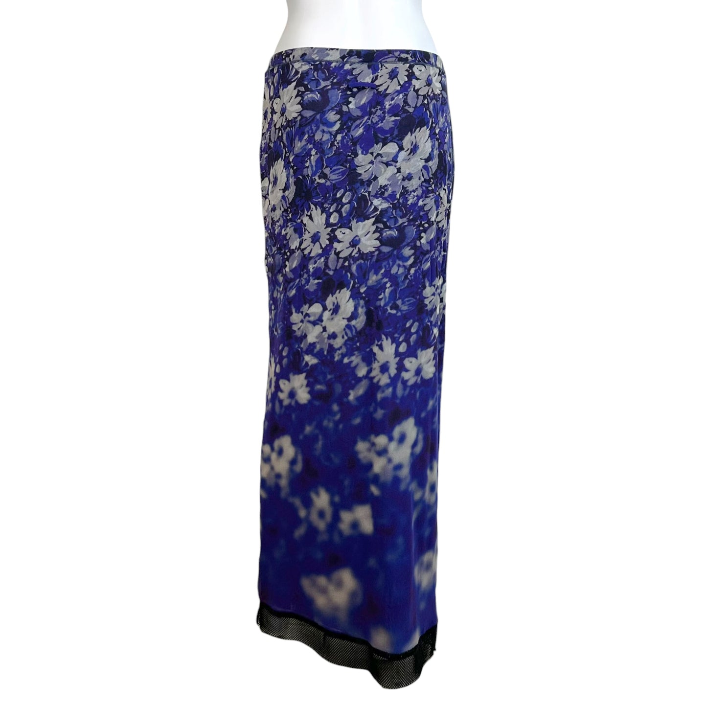 Jean Paul Gaultier Soleil Blue & Black Floral Print Mesh Maxi Skirt