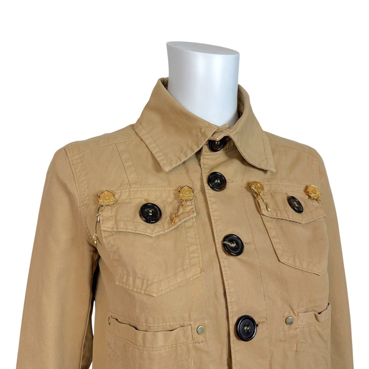 Dsquared2 Tan Logo Embroidered Charm Embellished Cropped 3/4 Sleeve Jacket