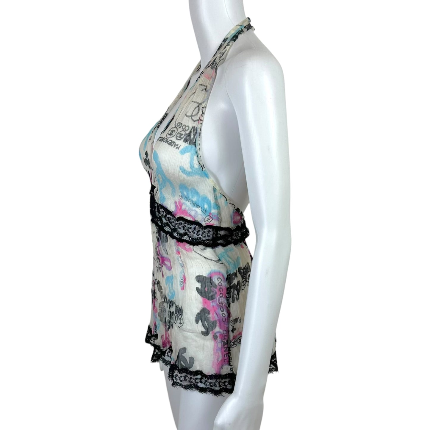 Chanel Cruise 2007 Sheer Silk Graffiti Print Silk & Lace Halter Top