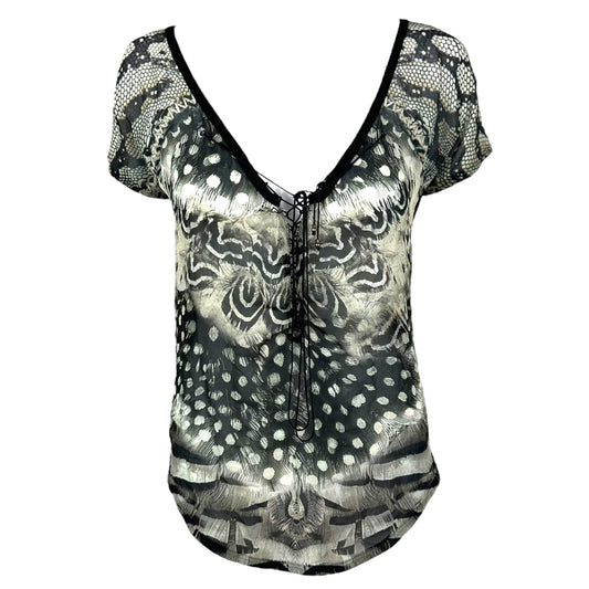 Roberto Cavalli Black & Gray Feather Print Lace Up Blouse Top