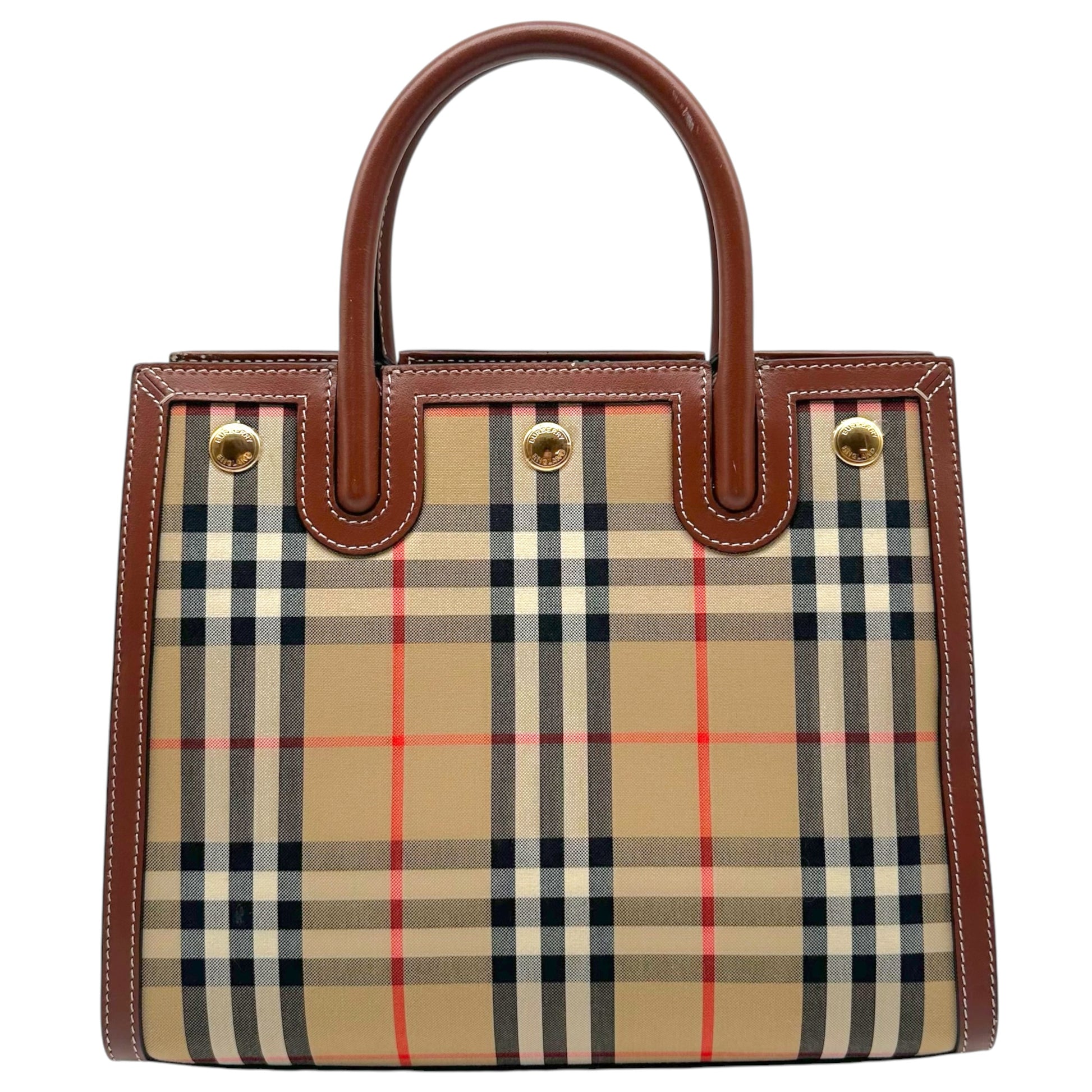 Burberry Top Handle Bag Nova Check Plaid Brown Leather