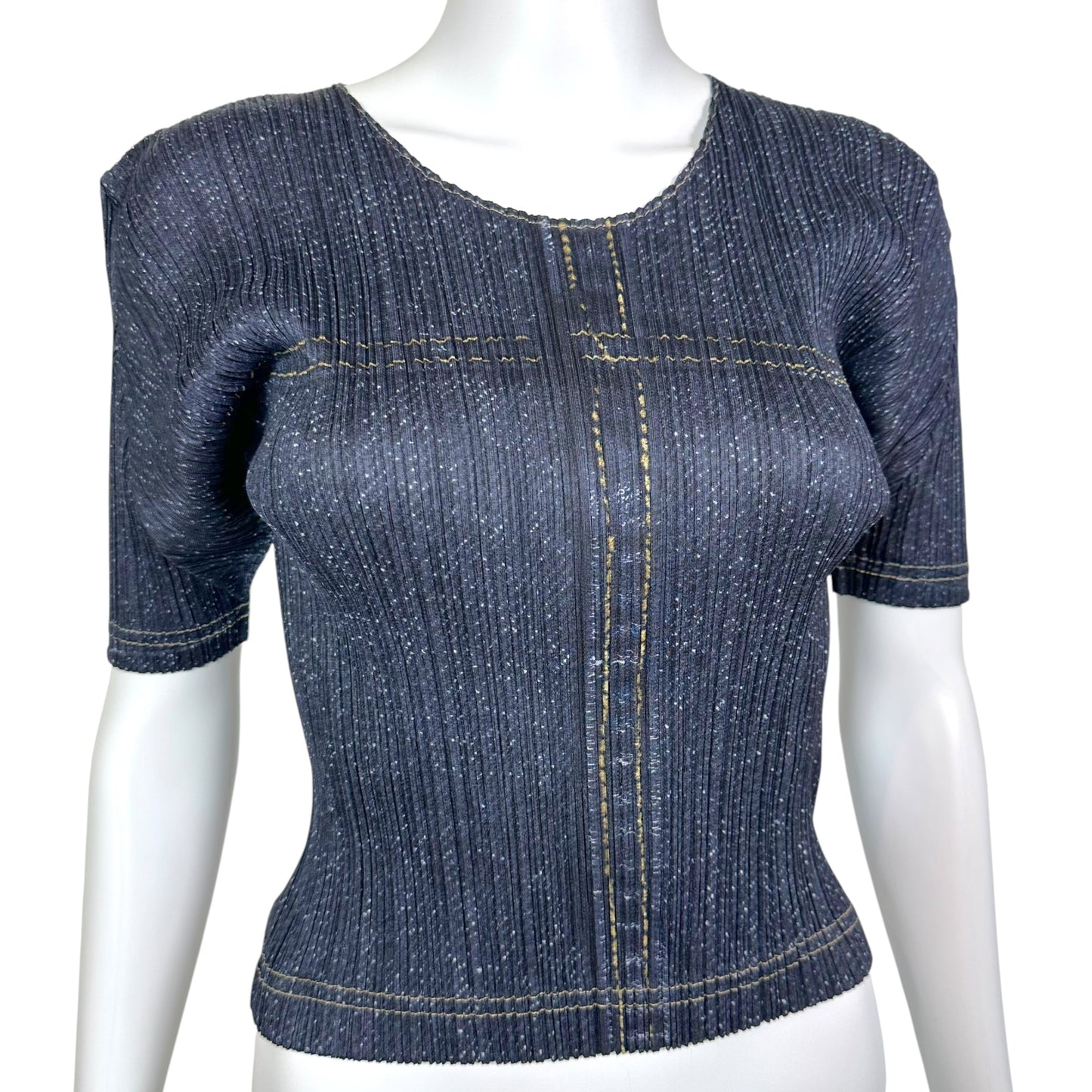 Issey Miyake Pleats Please Dark Wash Denim Printed T-Shirt