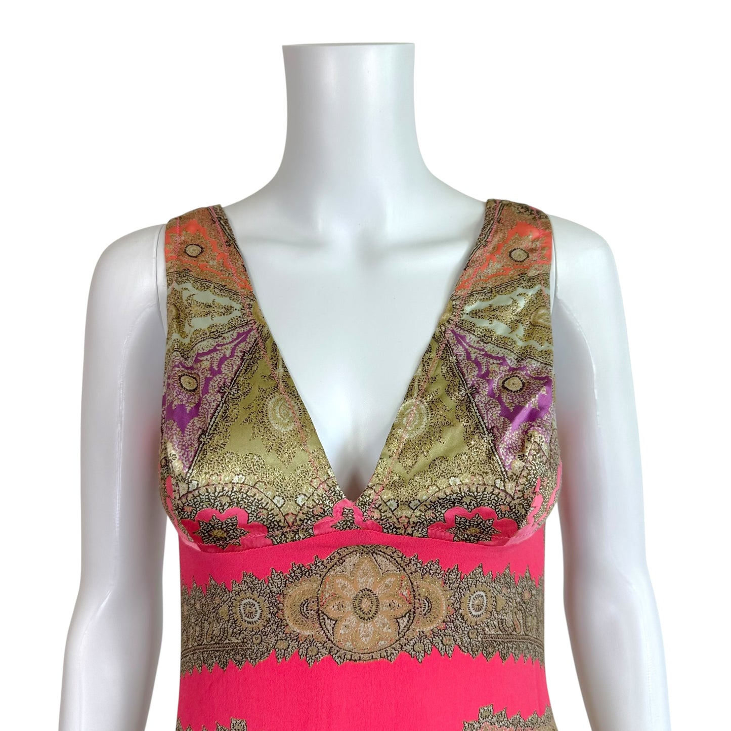 Roberto Cavalli 2004 Pink & Gold Printed Silk Midi Dress