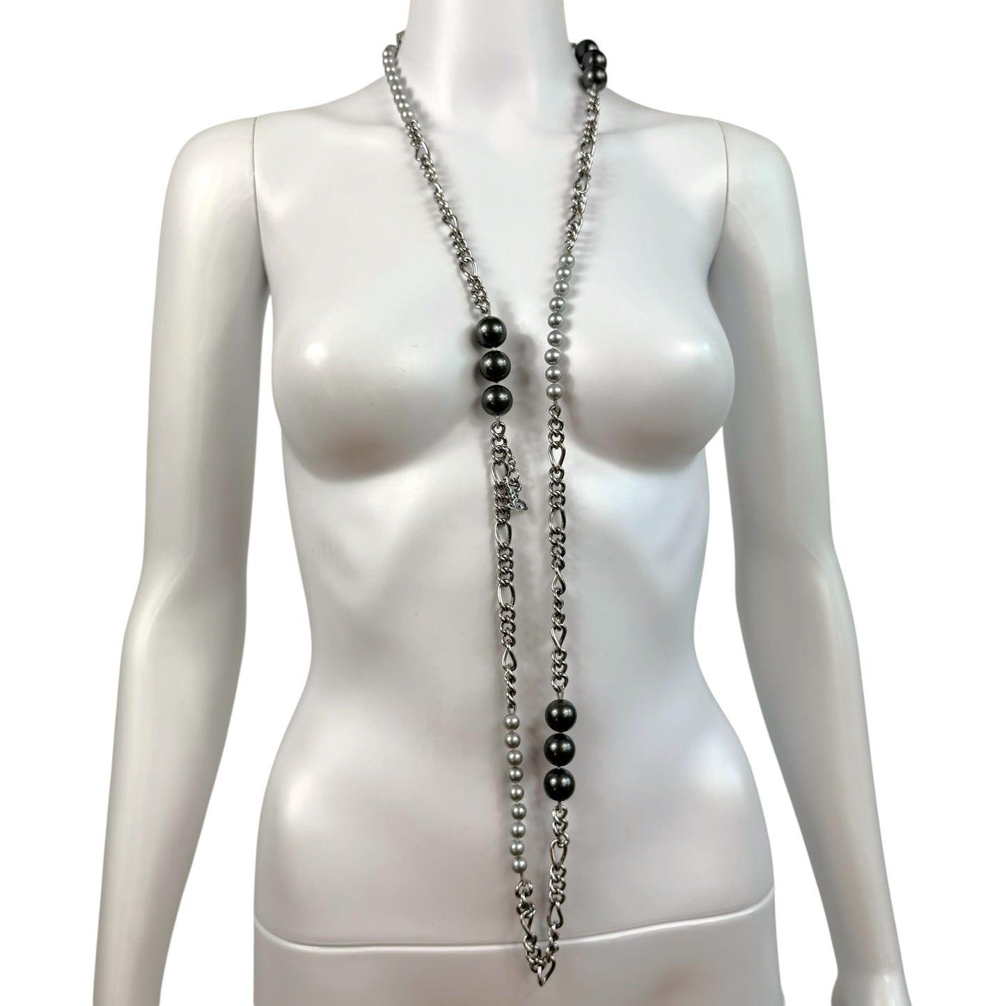 D&G Dolce & Gabbana Silver Pearl & Chain Wrap Necklace