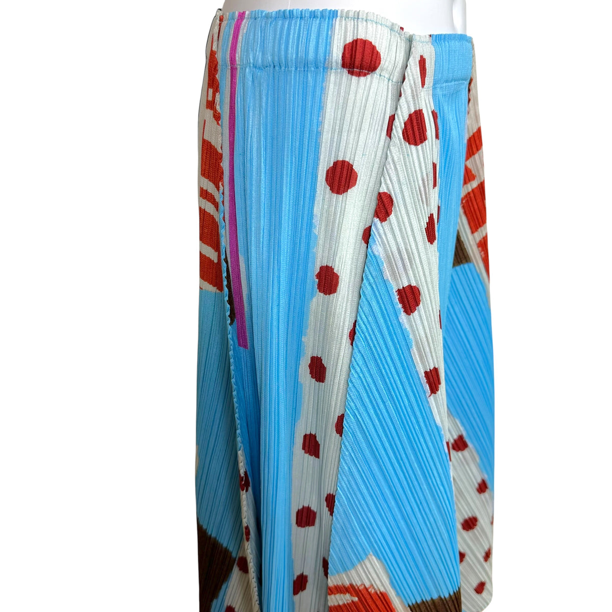 Issey Miyake Pleats Please Light Blue Burgundy Polka Dot Midi Skirt