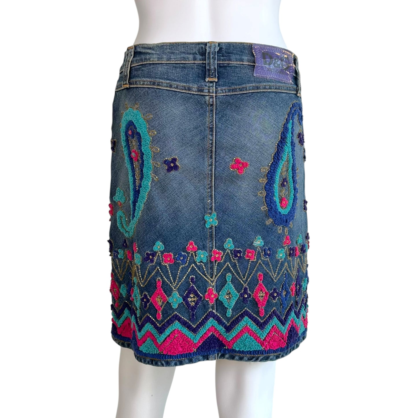 Dolce & Gabbana Denim Midi Skirt Blue Paisley Embroidery