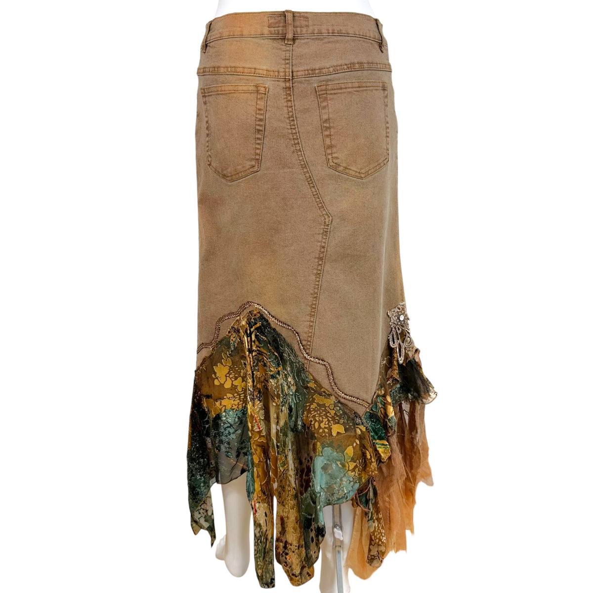 Vintage Brown Silk Denim Sequin Midi Skirt