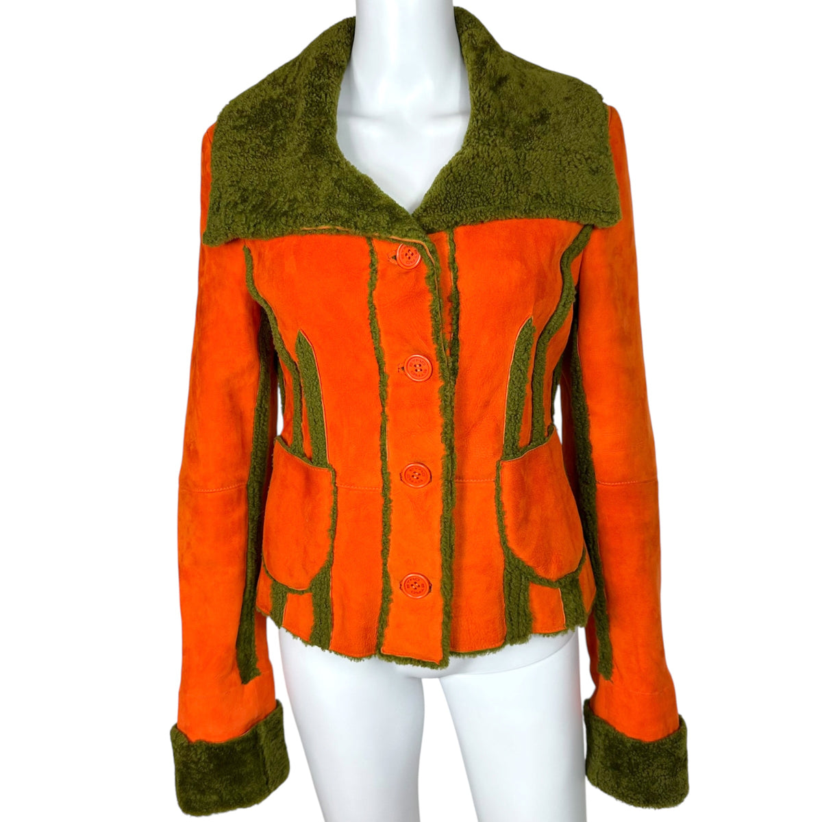 Etro Shearling Jacket Orange Khaki Green Button-Up