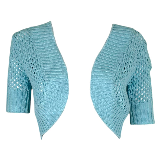 Courreges Teal Blue Open Knit Hooded 1/2 Sleeve Bolero